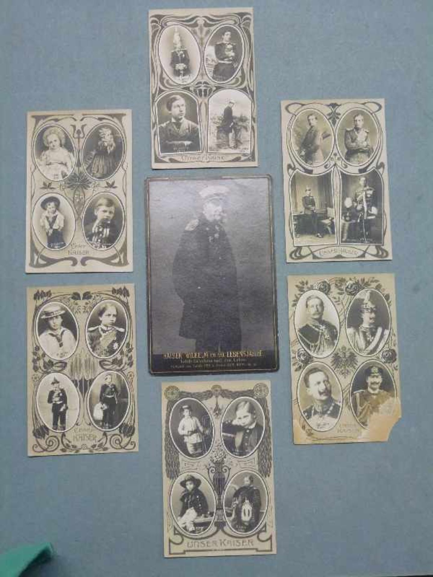 6 Postkarten mit Portraits Kaiser Wilhelms II., 1906 je 4 Abbildungen des Kaisers in verschiedenem