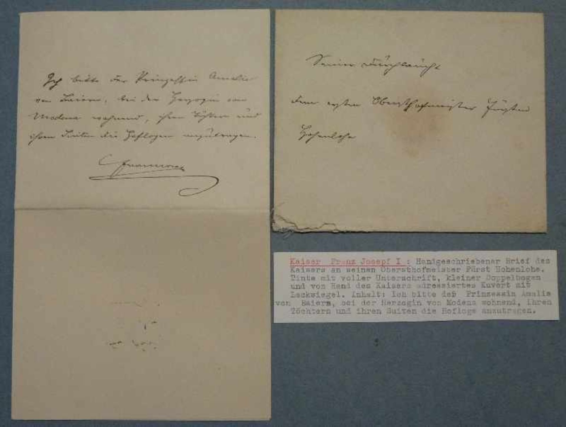 Brief des Kaisers Franz Joseph I. eigenhändiger Brief des Kaisers an seinen Obersthofmeister Fürst