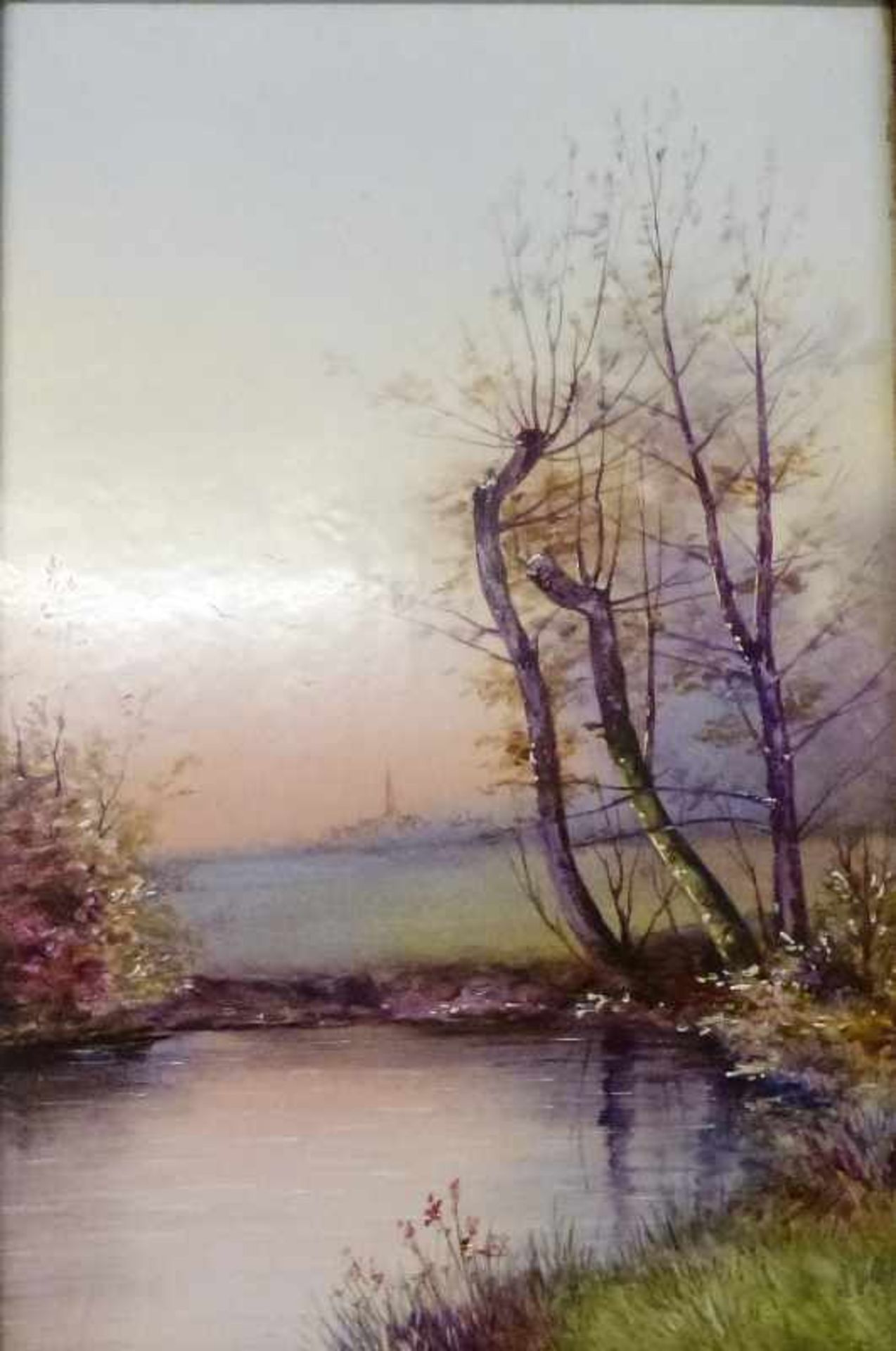 Fayenceplatte, um 1900 hochrechteckig, Landschaftsmalerei, GR, 30x20 cm