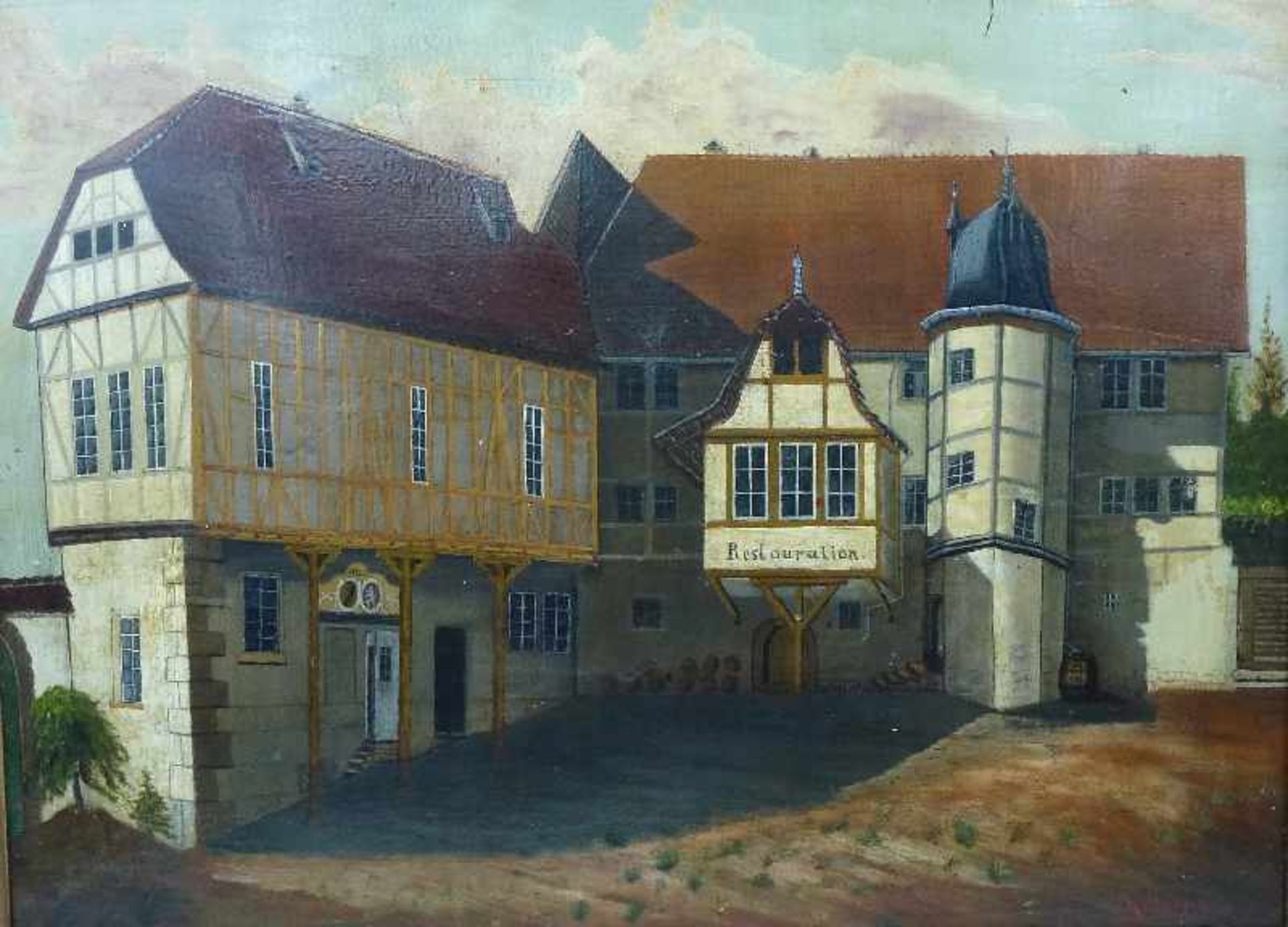 Wirtshaus, H. Kellner 1888 Öl/Platte, sign., über Eck gebautes Wirtshaus mit Turm, GR, 46x62cm