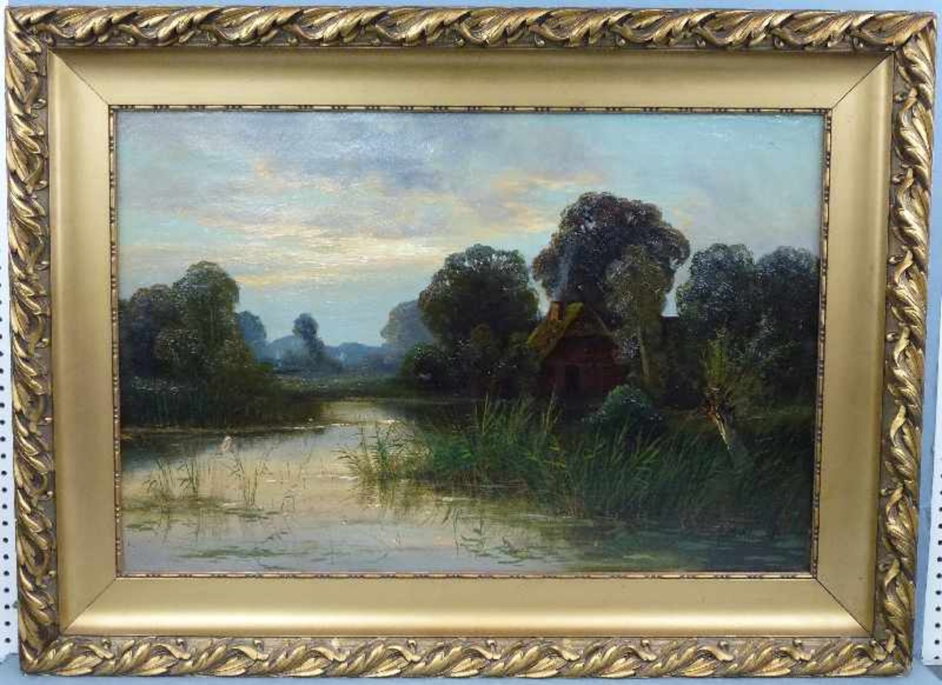 Niederrheinische Auenlandschaft, Arthur Bell (1876-1966) Öl/Lw, sign., Hof zw. Bäumen am Wasser, GR, - Bild 2 aus 3