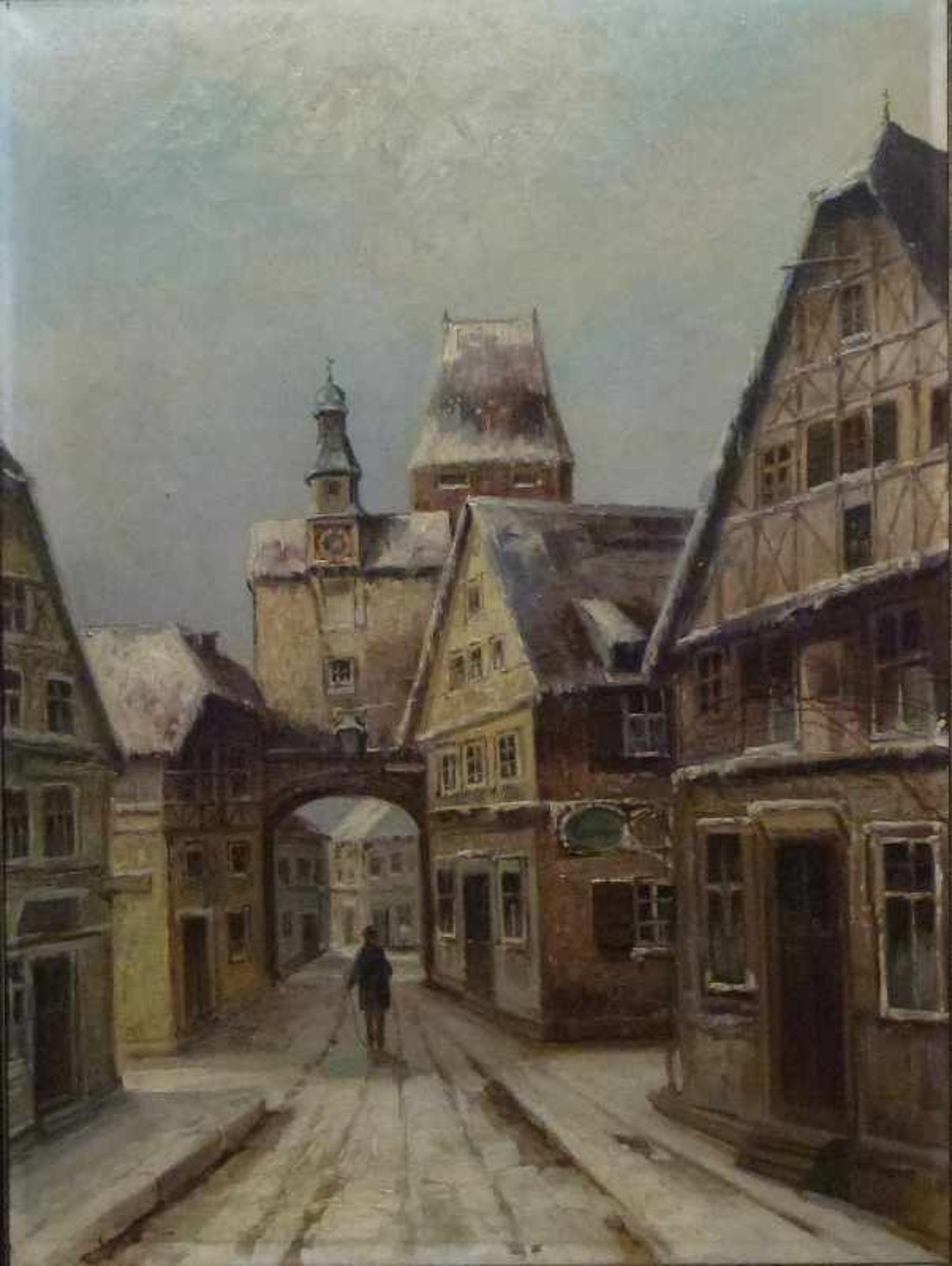 Rothenburg o.d.Tauber, Albert Blaetter (1878-1935) Öl/Lw, sign., Mann auf verschneiter Straße vor