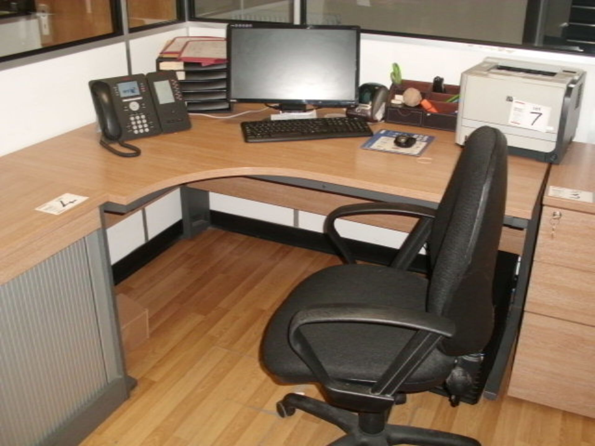 5' x 4' curved light oak effect DESK with black SWIVEL ARMCHAIR