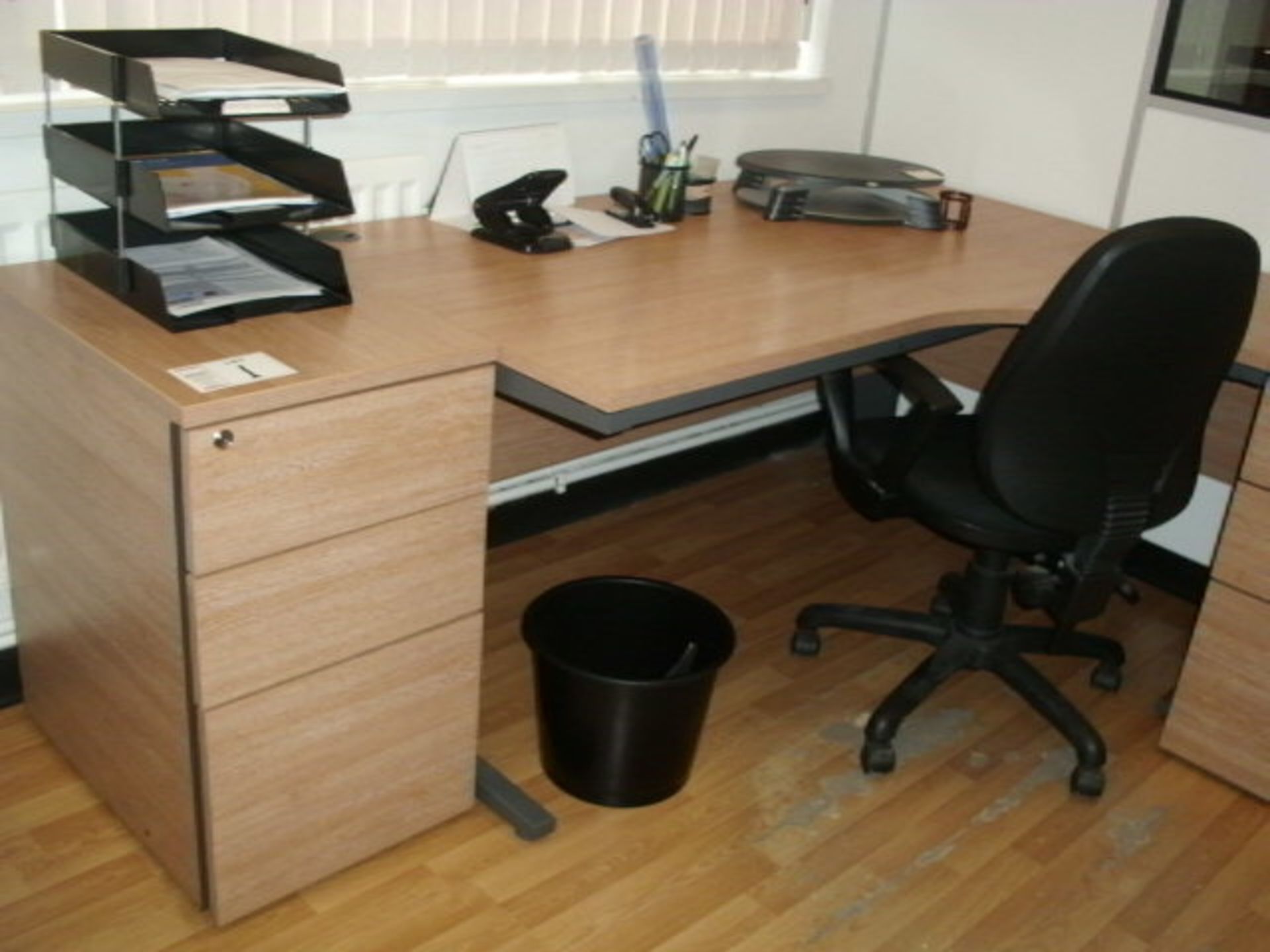 5' x 4' curved light oak effect DESK with 2 pedestals with black SWIVEL ARMCHAIR