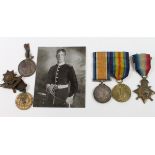 1914 trio to 10428 Pte F Smith 2nd Worcestershire Reg comes with photo hat badge and two