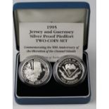 Jersey & Guernsey Silver Proof Piedfort Two Pound two coin set 1995. "Liberation of the Channel