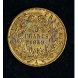France gold 5F 1859A GF with a few black (soil ?) marks reverse