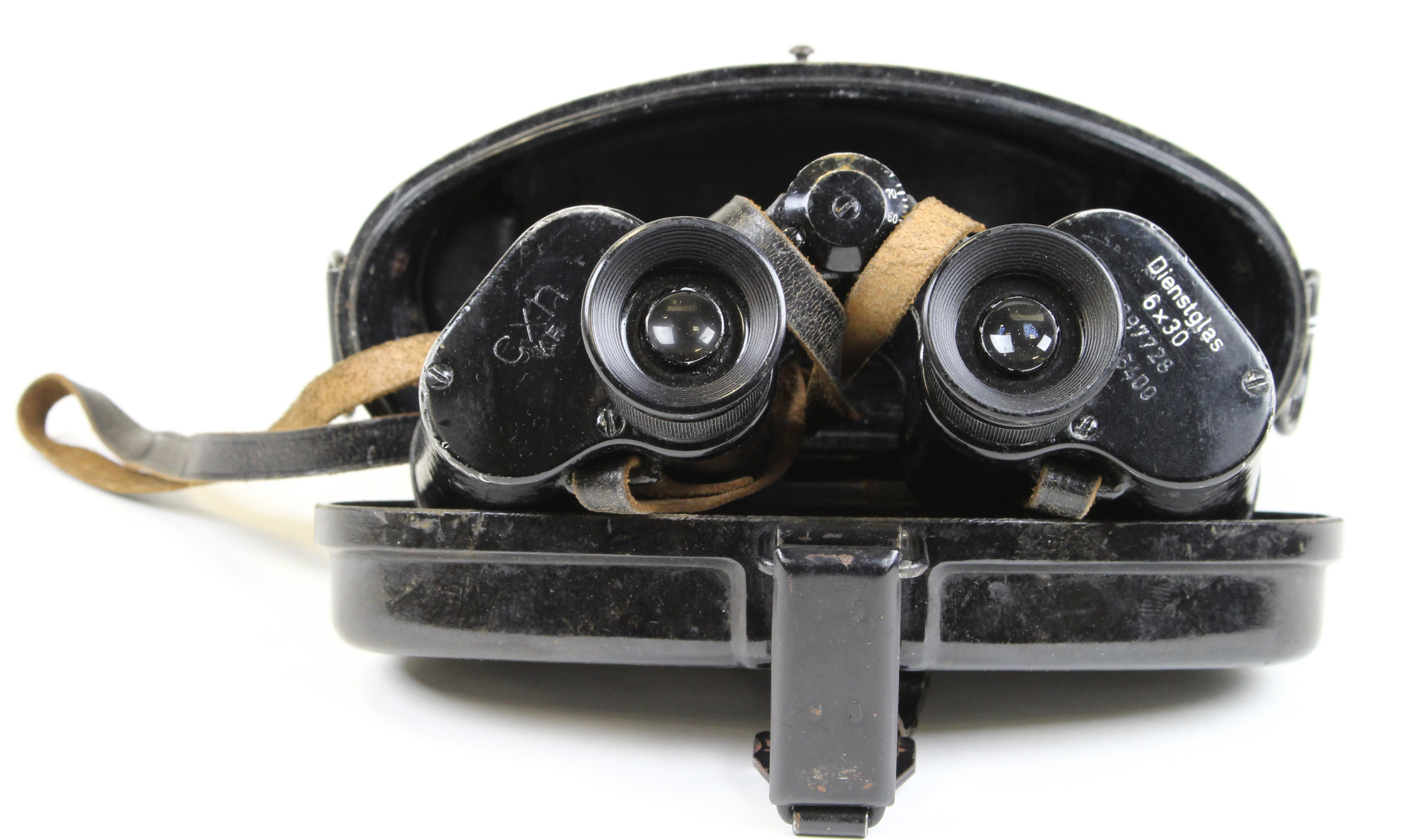 Dienstglass 6x30 German field Binoculars marked (cnx KF) to body. GC slight spotting to lenses.