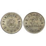 Danish West Indies 3 Cents Token undated (1888-1892) G.Beretta, St. Thomas, Sieg-1, Carlsen-3,