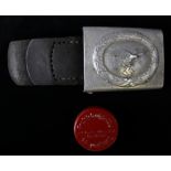 German Luftwaffe Aluminium belt buckle and leather tab. Maker stamped 1939 dated