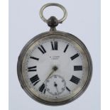 Silver open face pocket watch by R Stone Leeds, hallmarked Birmingham 1897. The white enamel dial