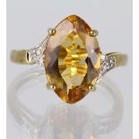 9ct Gold Ring with large marquise Citrine with CZ set shoulders size N weight 3.2 grams