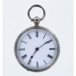 Silver open face pocket / fob watch. Hallmarked Birmingham 1888, approx 40mm dia, with key