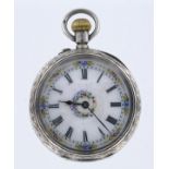 Ladies Silver open face pocket watch, hallmarked Birmingham 1885. Approx 40mm dia