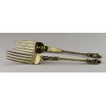 Two Gothic style silver gilt forks - maker - HL HL, London, 1862. Weight 3 oz