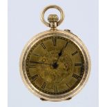 Ladies 14ct gold fob/pocket watch, the case with a foliage design and stamped inside 14kt, approx