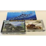 Trumpeter. Three boxed kits, comprising USS Alabama BB-60, Faun SLT-56 Tank Transporter & German