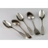 Five Irish silver teaspoons, various hallmarks which read 1827 (1), 1829 (3) and 1836 (1). Total