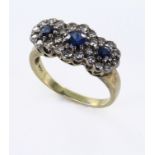 18ct Gold Ring floral set with 3 Sapphires and Diamonds size L weight 4.9 grams