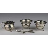 Three piece silver Cruet comprising Mustard and two Salts plus two silver Salt spoons and one silver