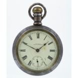 Waltham open face silver keyless pocket watch with screw front case