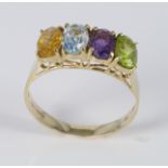 14ct Gold Ring set with Citrine/Aquamarine/Amethyst/Peridot size M weight 2.1 grams