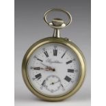 Nickel open face pocket watch by Regulateur, white enamel dial with roman numerals, diameter 6.5cm