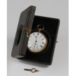 18ct gold cased open face pocket watch by Flinn London in a velvet lined travelling case with key