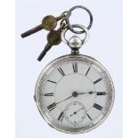 Silver open face pocket watch. Hallmarked Birmingham 1878, approx 50mm dia, with keys