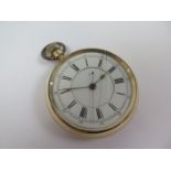 Gold plated open face pocket watch, with centre sweep second hand. approx 55mm dia