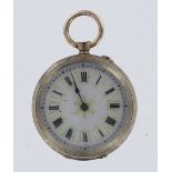9ct gold ladies fob watch, black roman numerals on a white and gilt decorated dial. approx 35mm