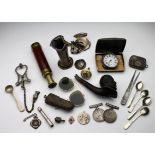 A box of miscellaneous items, including 15ct gold pendant, silver items (incl. teaspoons, medallion,