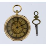 Ladies 18ct gold cased open face fob watch with circular floral engraved dial, approx diameter 35mm,