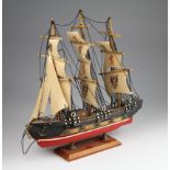 Model three masted ship on stand (some damage), height 38cm approx.