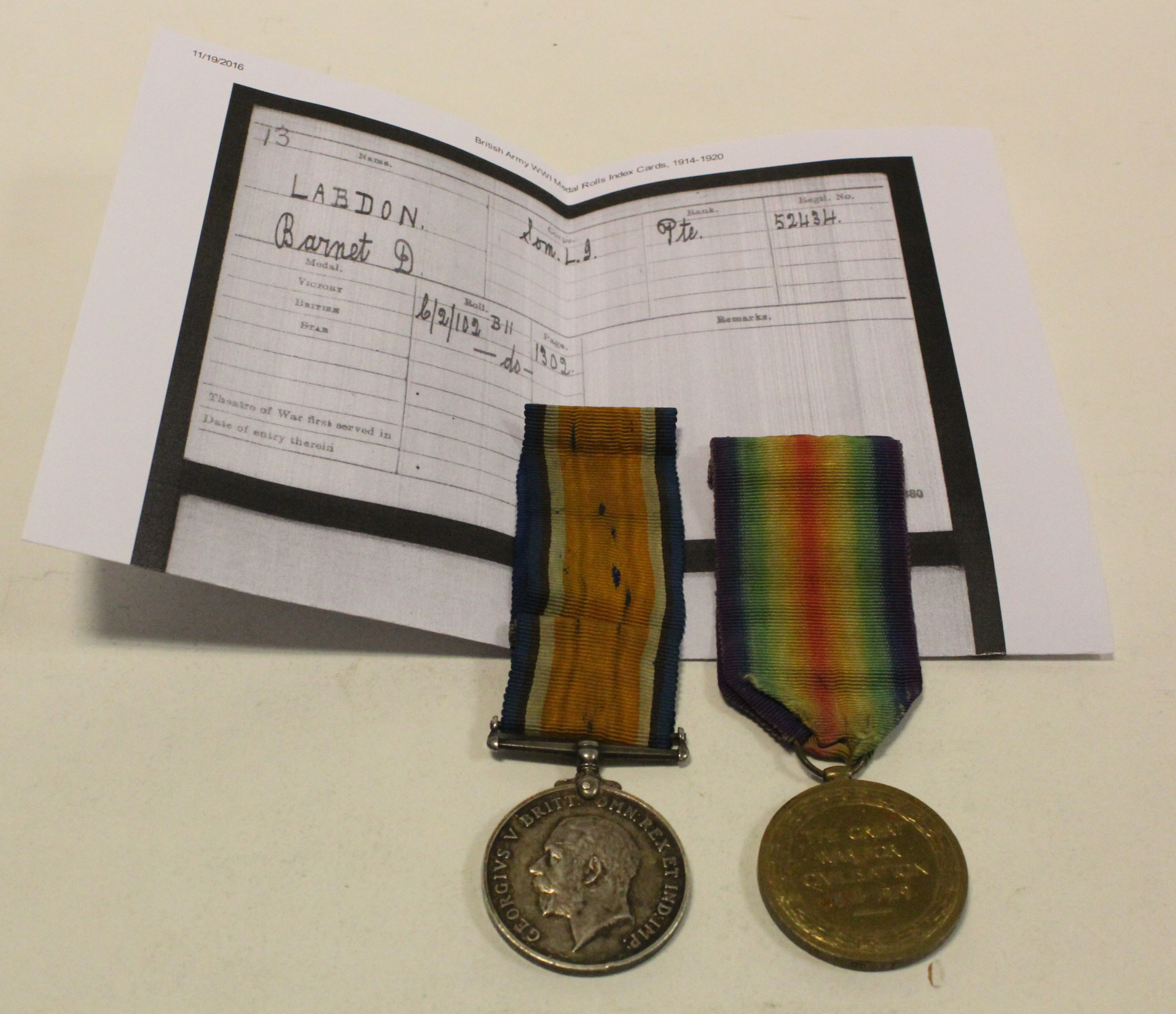 BWM & Victory Medal to 52434 Pte B D Labdon Som L.I. (2)