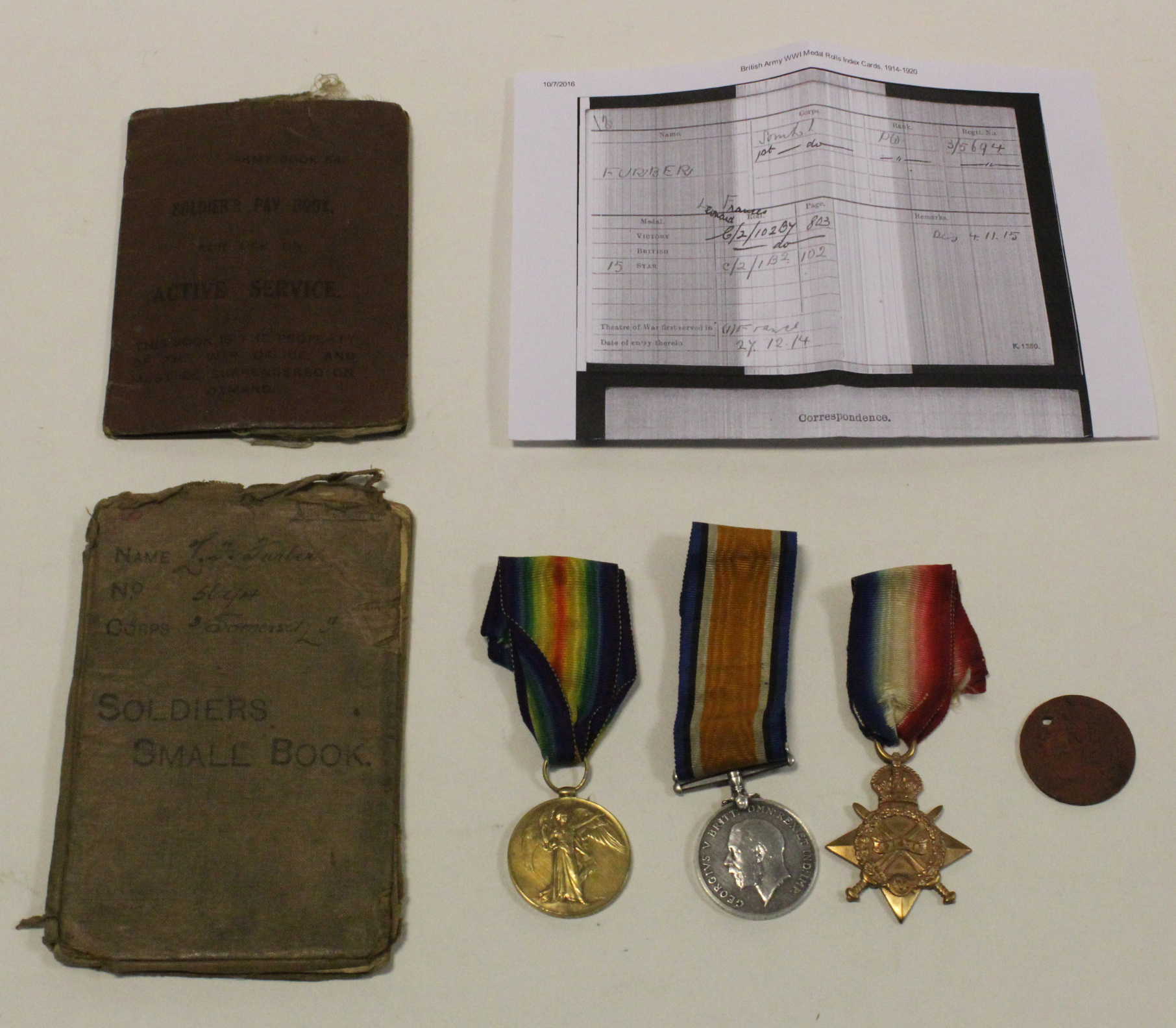 1915 Star Trio to 3-5694 Pte L F Furber Som L.I., with named ID Tag, Soldiers Small Book, and