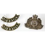 Suffolk Regt QE2 unmarked silver Cap Badge, and pair of brass shoulder titles (3)