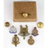 Badges - small box of 8 items includes an original Loyal Suffolk Hussars hat badge, a silver Suffolk