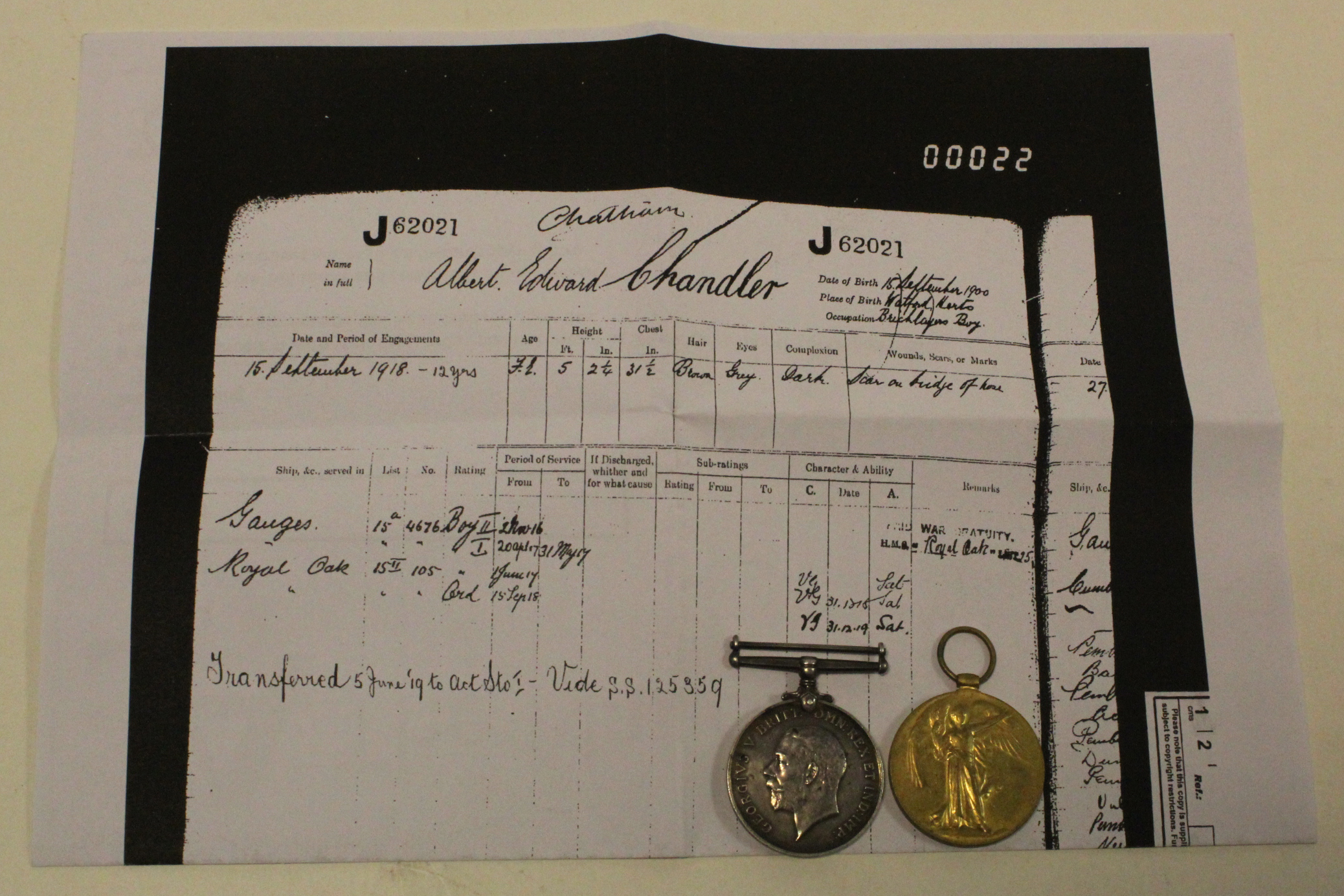 BWM & Victory Medal to J.62021 A E Chandler ORD RN. With copy service papers, born Watford. (2)