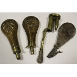 19th century Hawksey embossed powder flask with one other and a leather shot flask with vintage