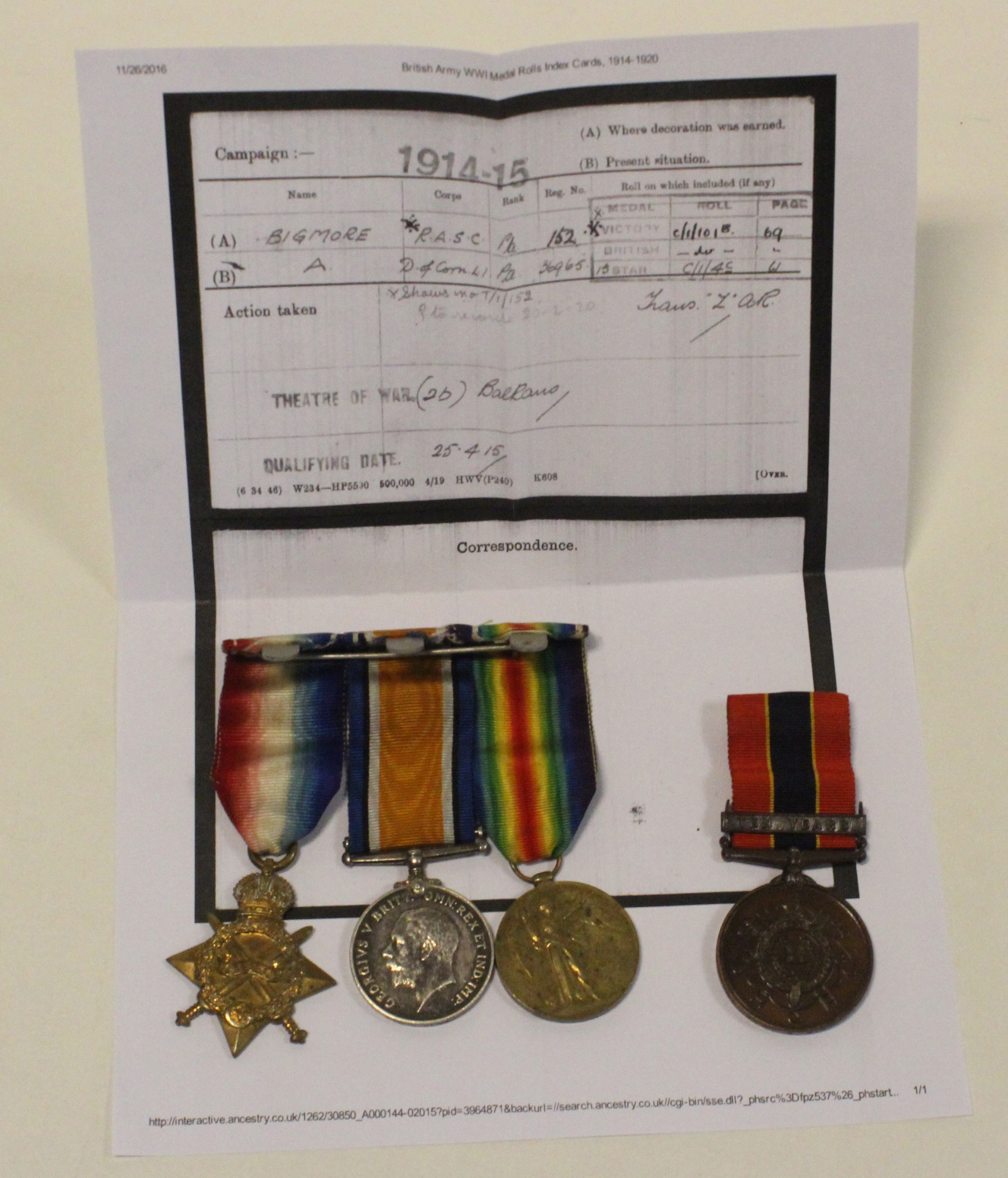 1915 Star Trio mounted as worn to T1-152 Pte A Bigmore ASC, with National Fire Brigades
