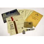 ARP booklets, documents, whistle, lapel badge, defence medal in box