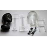 Assorted helmet and pistol display stands. 1) Glass head 2) Polystyrene head. 3) Two pyrex stands