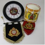 Suffolk Regiment items - attractive small Suffolks embroided banner, painted red wooden Suffolks