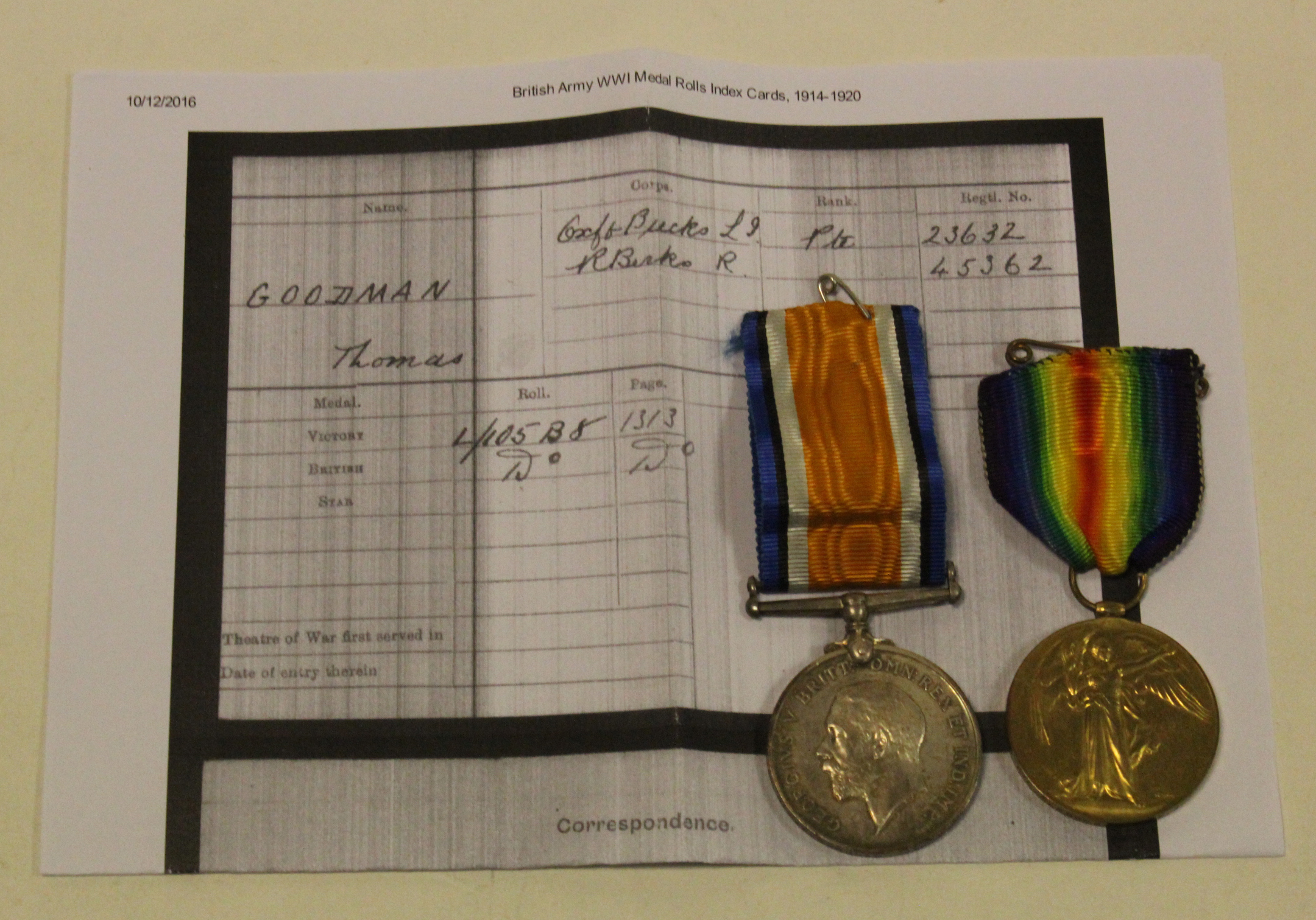 BWM & Victory Medal to 23632 Pte T Goodman Oxf & Bucks L.I. GVF (2)