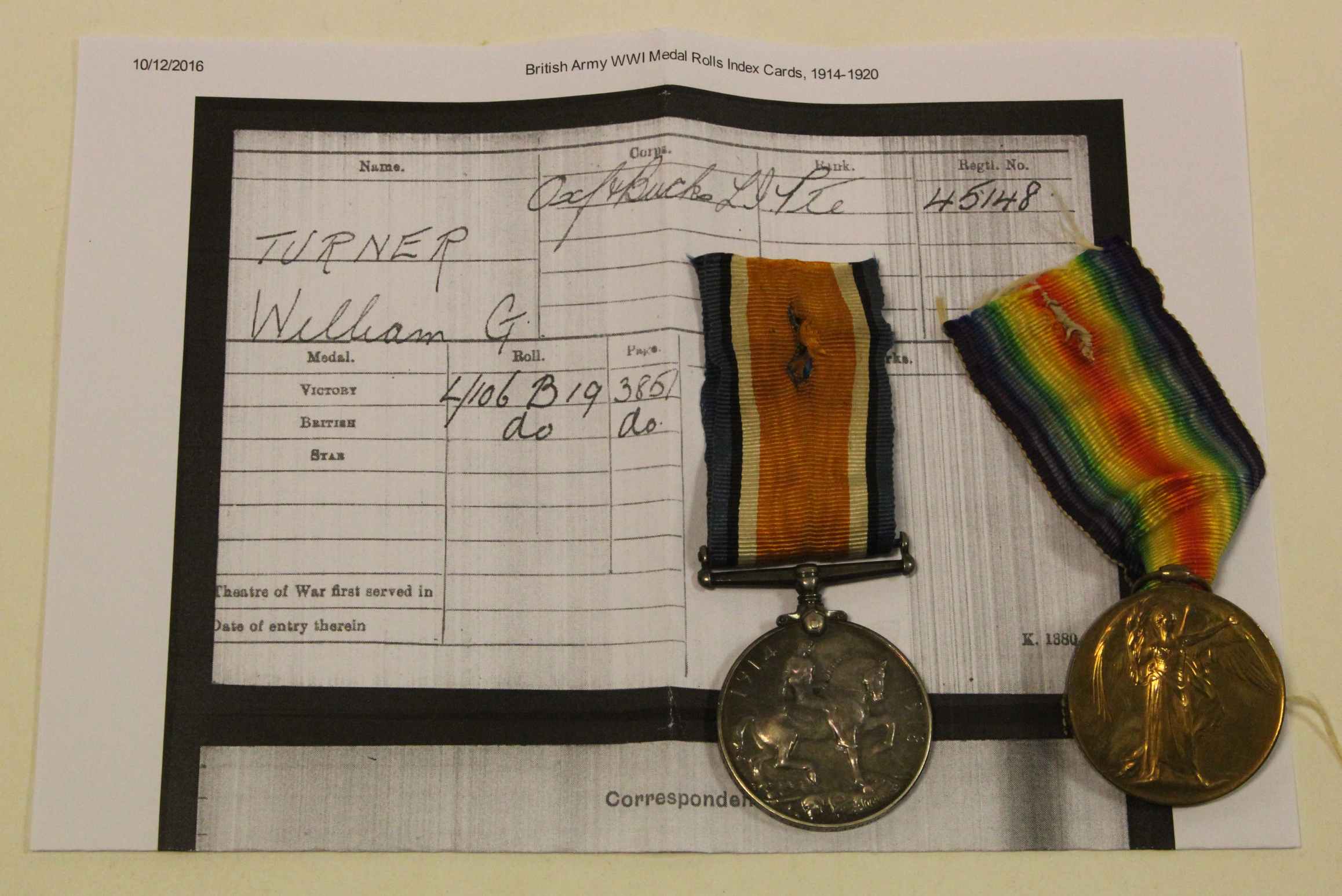 BWM & Victory Medal to 45148 Pte W G Turner Oxf & Bucks L.I. VF (2)