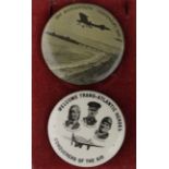 Aviation related - 2 old tin badges, 1910 Bournemouth Centenary and Conquerors of the Air