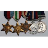 Group mounted as worn - 1939-45 Star, Italy Star, France & Germany Star, War Medal, GSM QE2 with