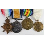 1915 Star Trio + British Red Cross Society for War Service 1914-1918 Medal, mounted as worn to 11167