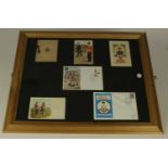 Suffolk Regiment postcards inc Silk, housed in large frame (Buyer collects)